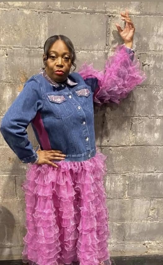 Denim jacket with pink tulle skirt