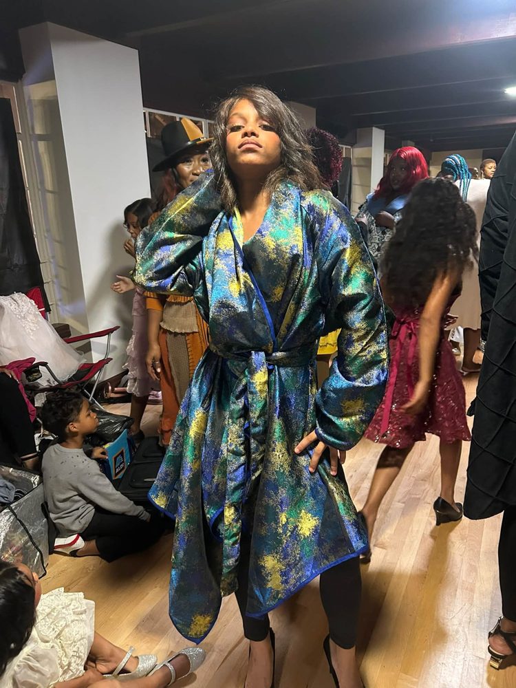 Blue and green print wrap coat