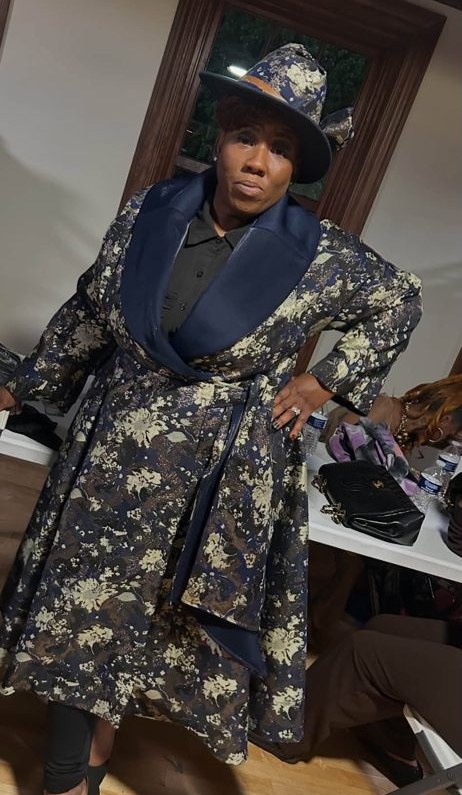 Brocade coat with matching wide-brim hat