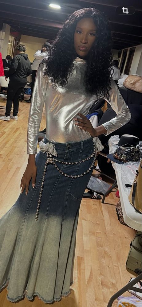 Metallic top over a green ombre skirt