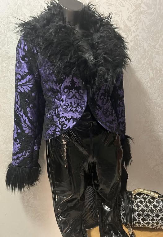Purple brocade jacket with black faux fur collar